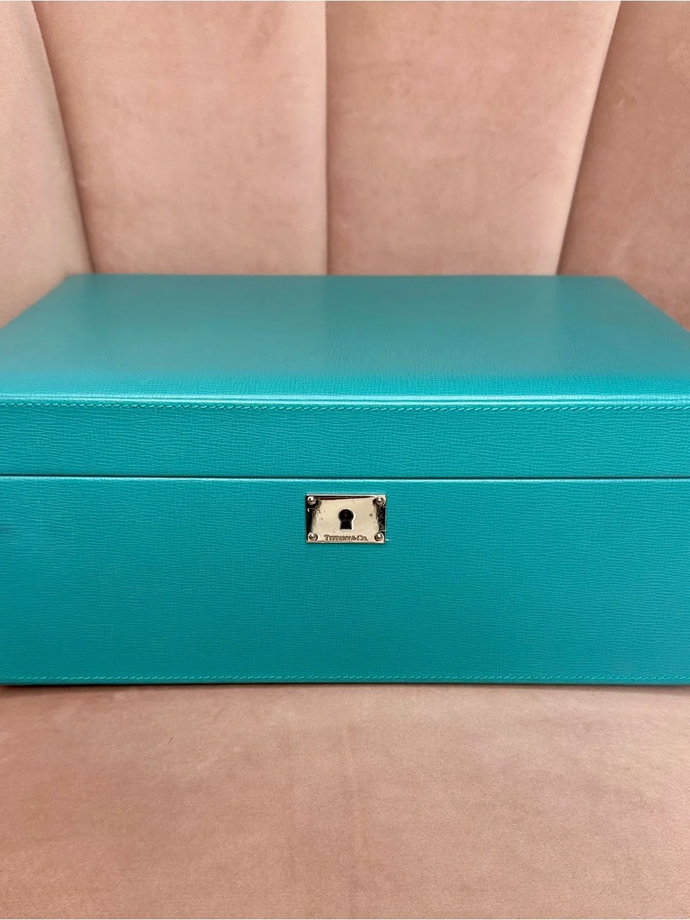 Tiffany & Co. teal jewelry box with metal lock plate